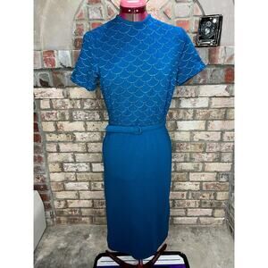 knit dress 1980s scale pattern teal belt